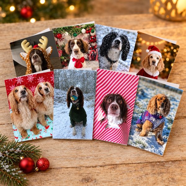 Eight CAESSR Christmas cards fanned out on a wooden table