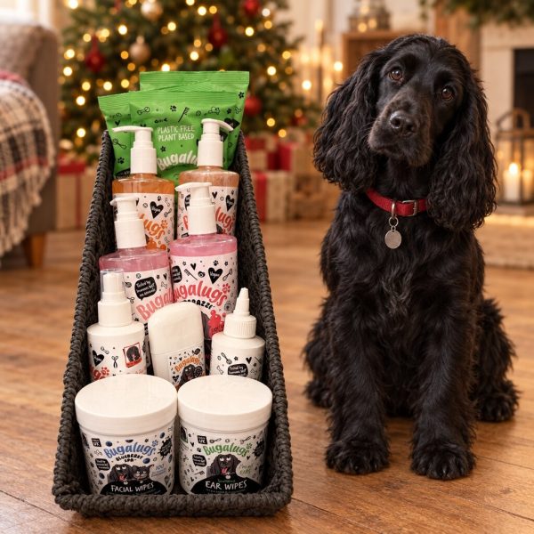 A basket of Bugalugs dog grooming products beside a black cocker spaniel in front of a Christmas tree